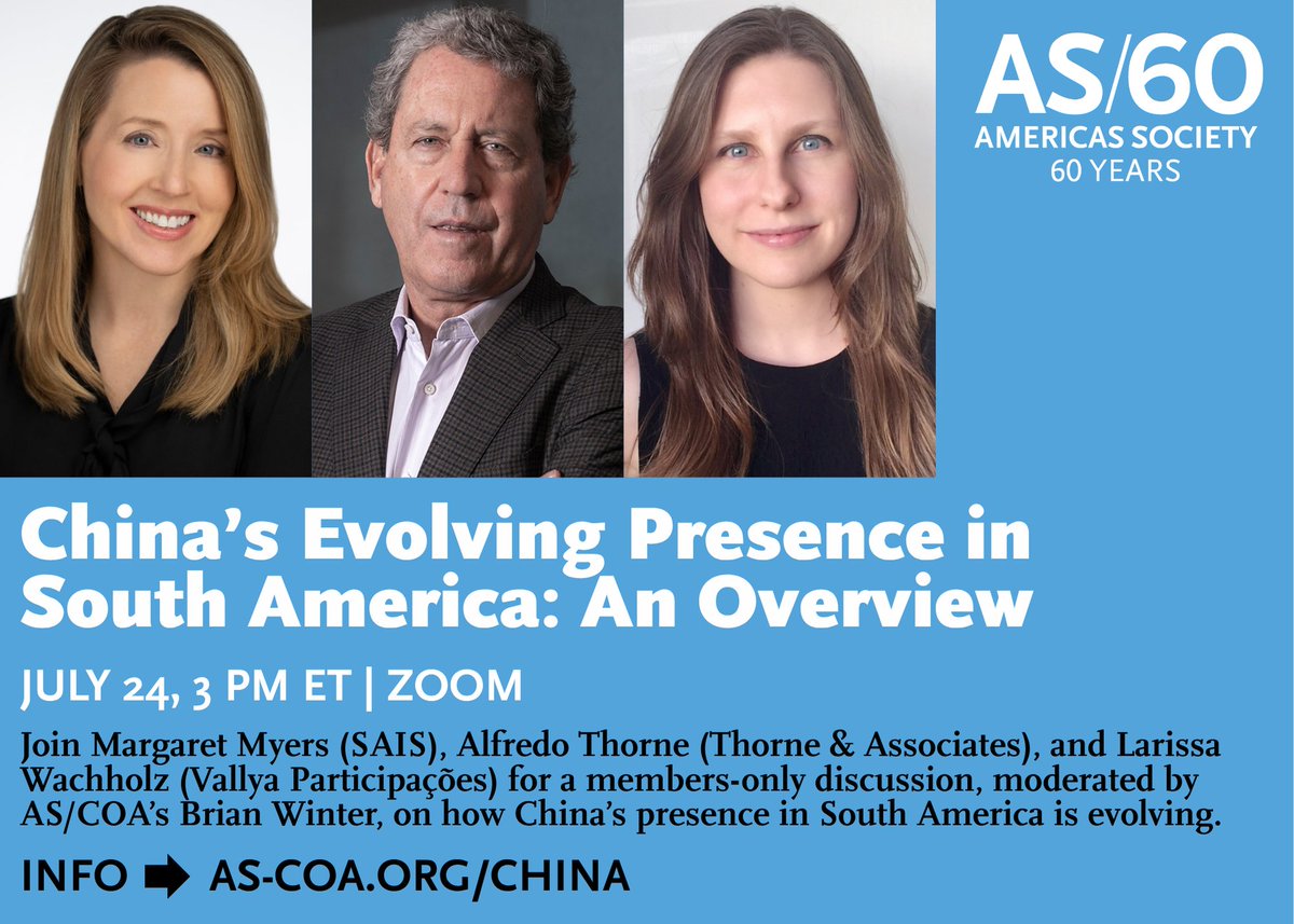 ASCOA's tweet image. How are South American governments balancing ties with Washington and Beijing?
Join us Thursday, July 24, at 3p ET/NY for a members-only virtual event with @aethorne, @MyersMargaret, Larissa Wachholz, and @BrazilBrian.
Info ➡️ as-coa.org/china