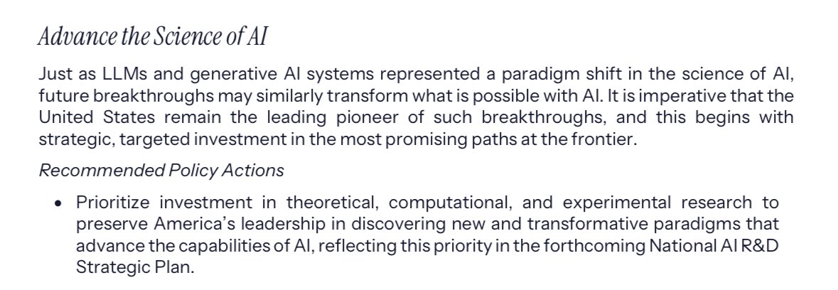 Happy to see that the <a href="/WhiteHouse/">The White House</a> AI Action Plan includes many of our <a href="/arcprize/">ARC Prize</a> recommendations and prioritizes the values we push everyday:

- Open source
- Accelerating AGI research 
- Creating standard US-led AI benchmarks 
- Cultivating a deeper understanding of, and more