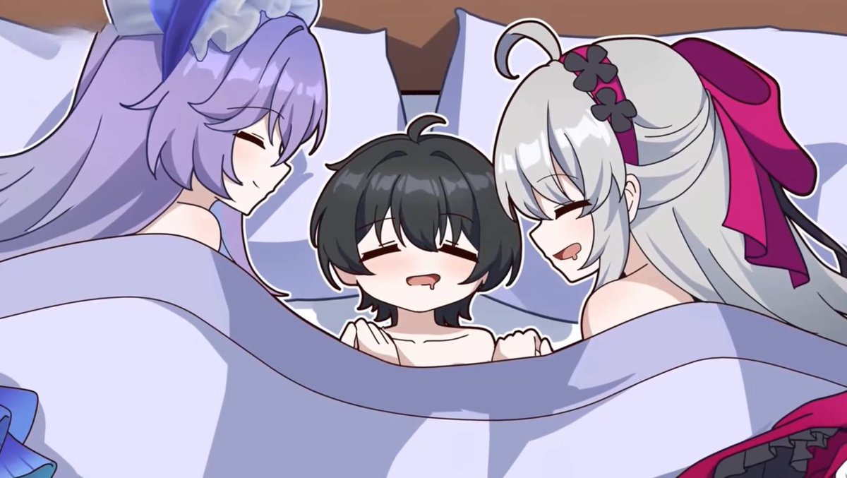 VoidNekoAsh's tweet image. Cozy bedtime with wives ❤️😘😴