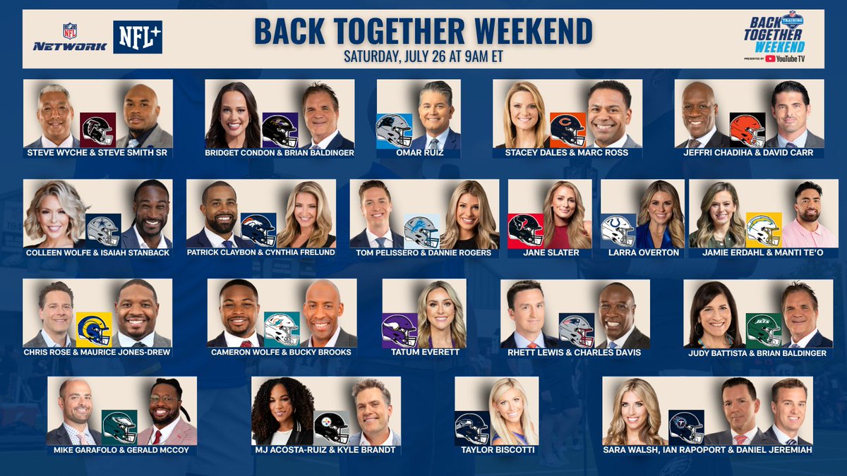 NFL Media (@nflmedia) on Twitter photo 🚨Saturday🚨
12 hours of LIVE Back Together Weekend coverage starting at 9a ET on <a href="/nflnetwork/">NFL Network</a> & <a href="/NFLPlus/">NFL+</a>!
<a href="/wyche89/">Steve Wyche</a> <a href="/SteveSmithSr89/">Steve Smith Sr.</a> -- ATL
<a href="/BridgetCondon_/">Bridget Condon</a> <a href="/BaldyNFL/">Brian Baldinger</a> -- BAL
<a href="/OmarDRuiz/">Omar Ruiz</a> -- CAR
<a href="/StaceyDales/">StaceyDales</a> <a href="/MarcRoss/">Marc Ross</a> -- CHI
<a href="/jeffrichadiha/">Jeffri Chadiha</a> <a href="/DCarr8/">David Carr</a> -- CLE
<a href="/ColleenWolfe/">Colleen Wolfe</a> <a href="/IamSTANBACK/">Isaiah Stanback</a> -- 🚨Saturday🚨
12 hours of LIVE Back Together Weekend coverage starting at 9a ET on <a href="/nflnetwork/">NFL Network</a> & <a href="/NFLPlus/">NFL+</a>!
<a href="/wyche89/">Steve Wyche</a> <a href="/SteveSmithSr89/">Steve Smith Sr.</a> -- ATL
<a href="/BridgetCondon_/">Bridget Condon</a> <a href="/BaldyNFL/">Brian Baldinger</a> -- BAL
<a href="/OmarDRuiz/">Omar Ruiz</a> -- CAR
<a href="/StaceyDales/">StaceyDales</a> <a href="/MarcRoss/">Marc Ross</a> -- CHI
<a href="/jeffrichadiha/">Jeffri Chadiha</a> <a href="/DCarr8/">David Carr</a> -- CLE
<a href="/ColleenWolfe/">Colleen Wolfe</a> <a href="/IamSTANBACK/">Isaiah Stanback</a> --