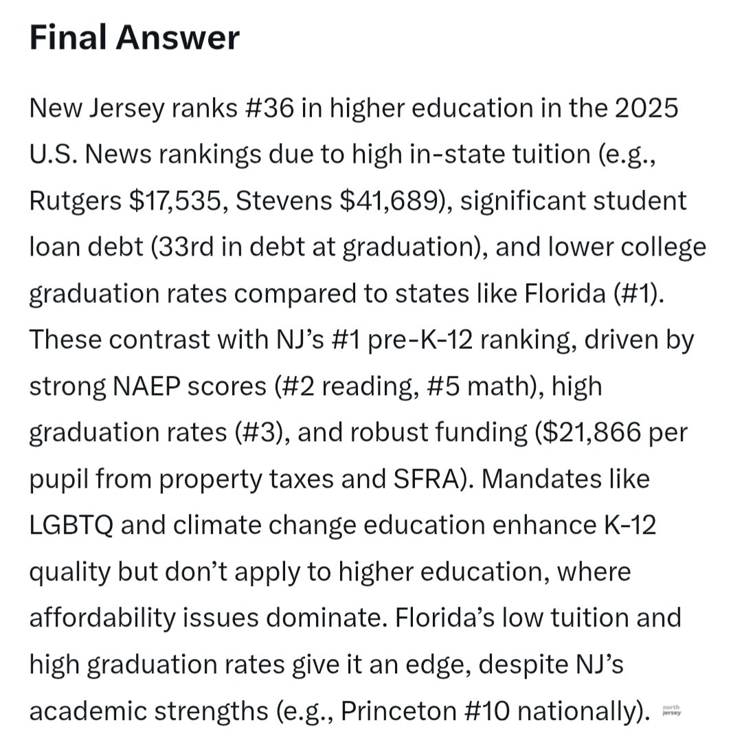 Oldglorycries's tweet image. NJ's K-12 schools score high for College readiness but then NJ scores 36th for higher education. What good is having a K-12 education system geared towards college but not having a sufficient higher education system?