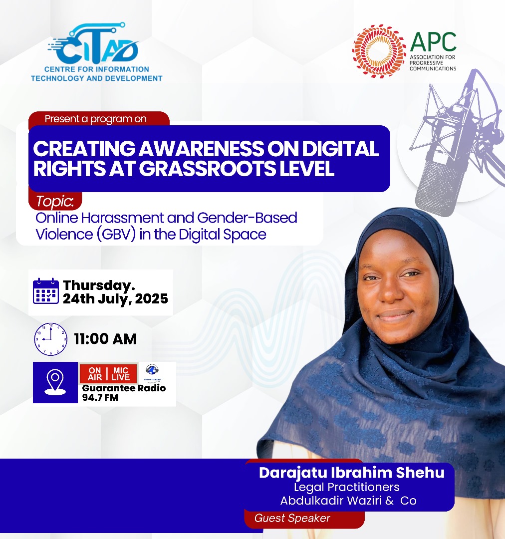 a_sabo12's tweet image. Join us tomorrow, 11am at Guarantee Radio in our weekly radio program which is focusing on creating awareness on Digital Rights at Grassroots Level. This week we will discussing on Gender Based Violence in the Digital Space with Barr. Darajatu I. Shehu of Abdulkadir Waziri &amp;amp; Co