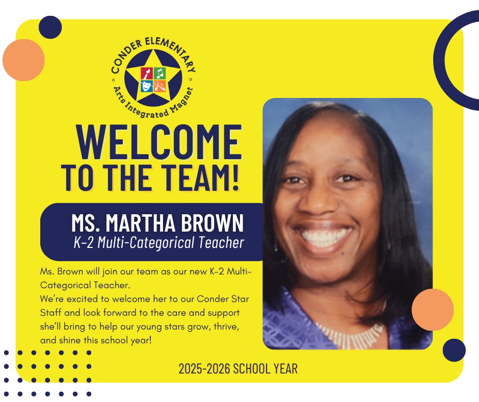 ConderStars's tweet image. We’re thrilled to introduce Ms. Brown as part of our Conder Star Staff!

Drop a ⭐️ in the comments to help us give her a warm Conder welcome!

@richlandtwo