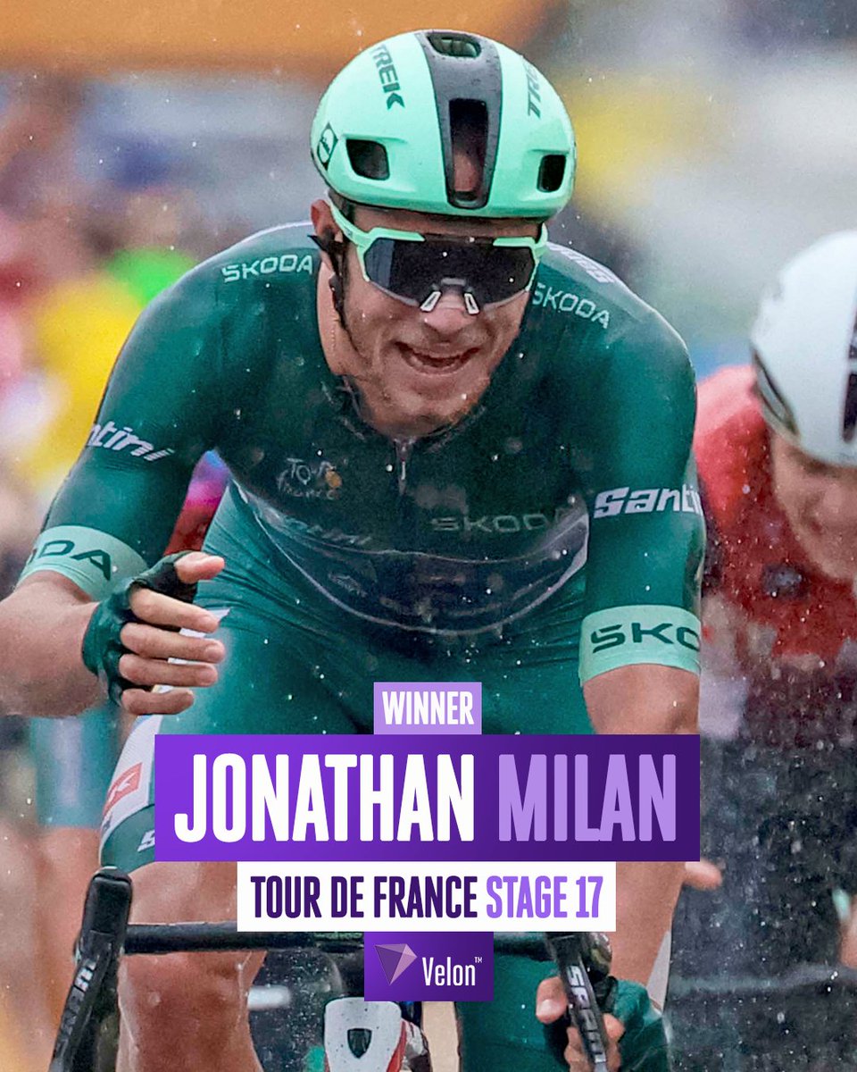 VelonCC's tweet image. Jonathan Milan reigns supreme in the chaos ๐ฑ๐
Jonathan Milan dominated a crash-affected sprint to take his second stage win on Tour de France Stage 17 and extend his lead in the points classification.
๐ฅ๐ฒ๐๐๐น๐
1 Milan
2 Meeus, s.t
3 Andresen, s.t
๐ธ Sprint Cycling