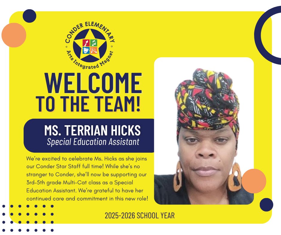 ConderStars's tweet image. We’re thrilled to introduce Ms. Hicks as part of our Conder Star Staff!

Drop a ⭐️ in the comments to help us give her a warm Conder welcome!

@richlandtwo