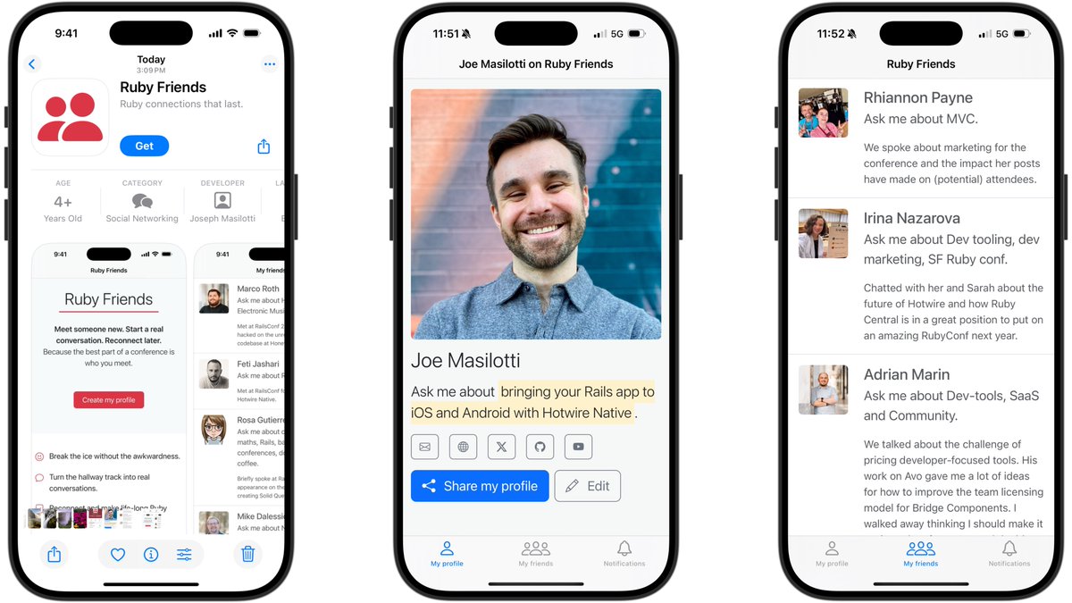 12 days after the first commit, Ruby Friends is officially live in the App Store!

It's built with Hotwire Native (of course) and features a dynamic, native tab bar, native social sharing, and QR code scanning.