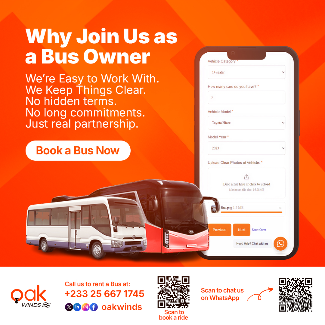 oakwinds_'s tweet image. No hidden terms. No long commitments. Just real partnership that works for you.
Call or WhatsApp us on 0256671745 or visit: oakwindsgh.com to get started.
#oakwinds #busrentalghana #easytoworkwith #transparentservice #nohiddenfees #shuttlesupport #fleetsolutionsghana