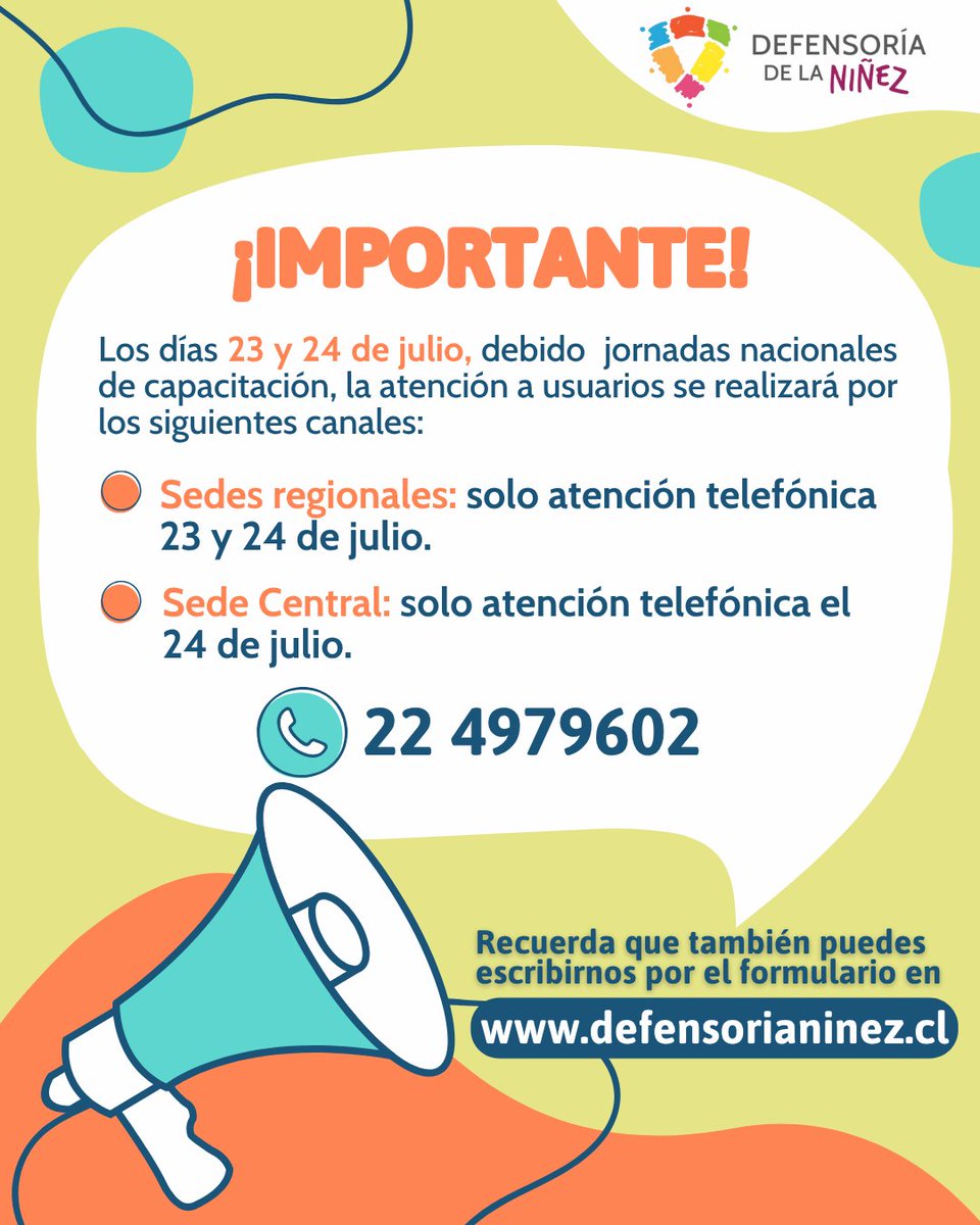 defensorianinez's tweet image. ⚠️¡Recuerda! Este jueves 24 de julio la Defensoría de la Niñez ajustará su modalidad de atención a público, debido a la realización de jornadas de capacitación a nivel nacional.

Revisa aquí el detalle.