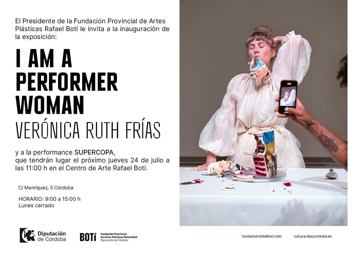 Mañana, jueves 24/7 a las 11h en el Centro de Arte Rafael Botí, inaugura la expo #IAmAPerformerWoman de Verónica Ruth Frías + performance SUPERCOPA. ¡Arte que se vive!
📍C/ Manríquez, 5, Córdoba