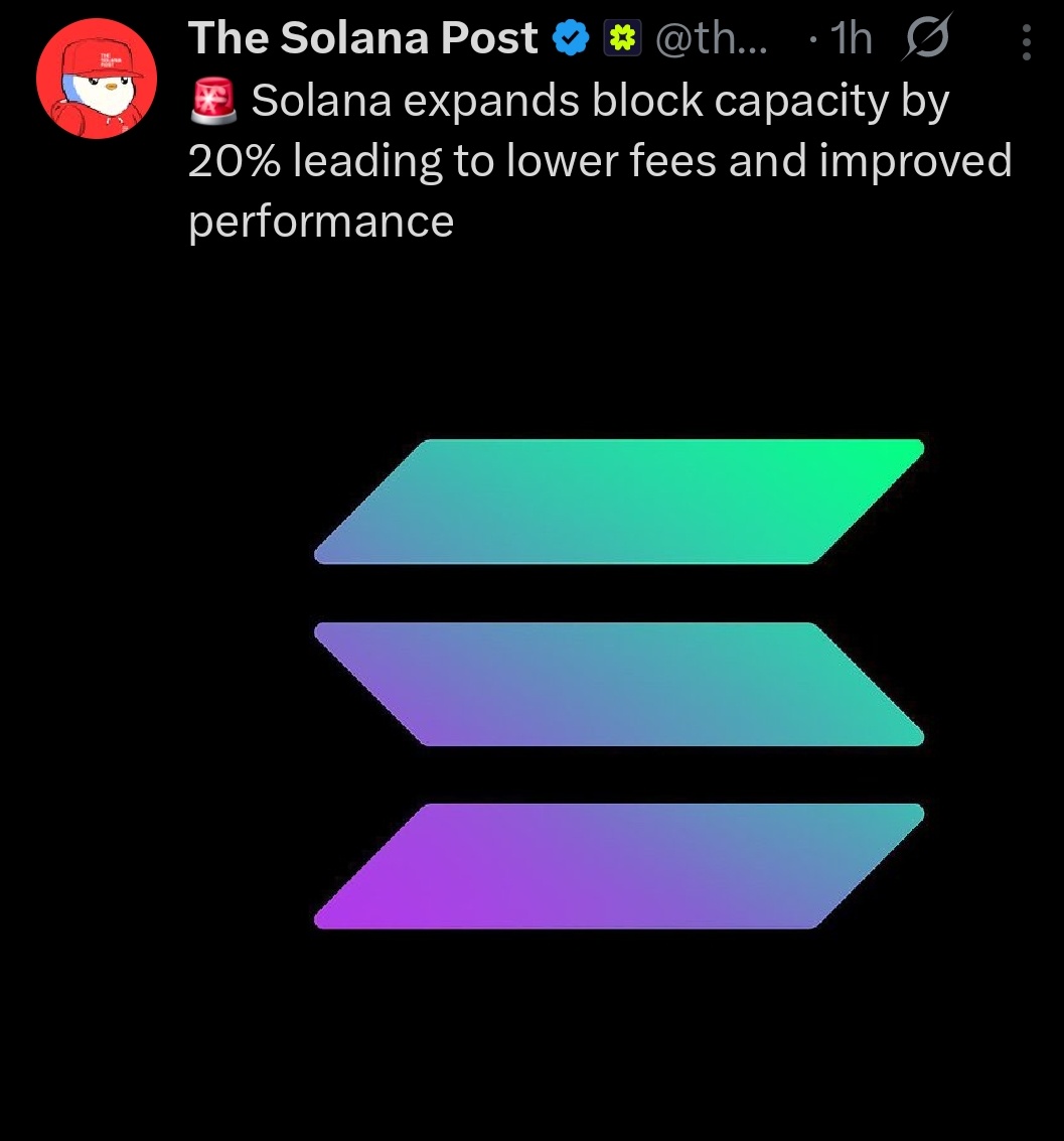Bonk__Tv's tweet image. 🚨 Solana expands block capacity by 20% leading to lower fees and improved performance
SOURCE: @thesolanapost