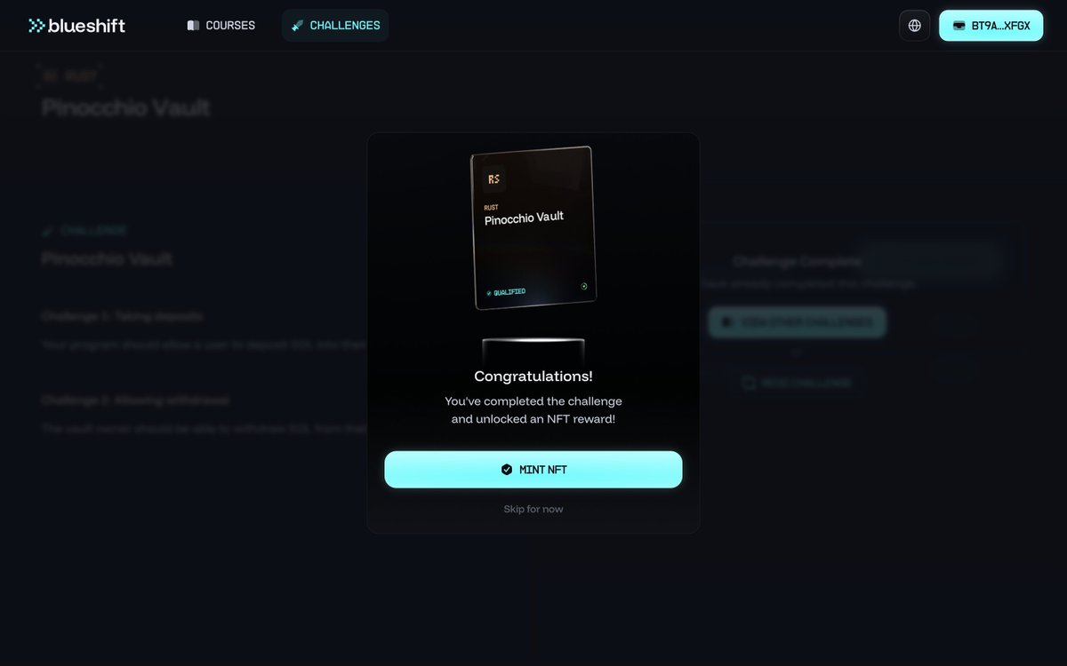 jkdotsol's tweet image. Completed my first challenge in @blueshift_gg on vault using pinocchio it is the good platform to start.