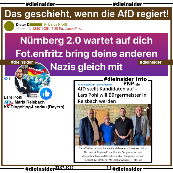 Die_Insider's tweet image. Lars Pohl, Bürgermeisterkandidat der #AfD in Markt #Reisbach, sieht #Bundeskanzler Friedrich #Merz und seine CDU vorm Tribunal "Nürnberg 2.0"!
#LautGegenNazis #NiemalsAfD #AfDVerbot
#DingolfingLandau @pnp #MarktReisbach
#GemeinsamGegenHass #DieInsider