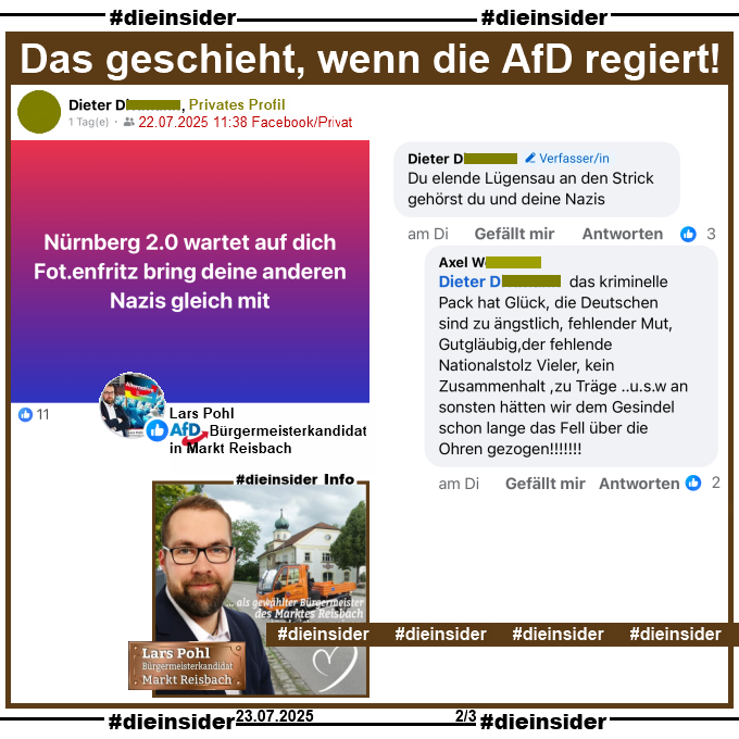 Die_Insider's tweet image. Lars Pohl, Bürgermeisterkandidat der #AfD in Markt #Reisbach, sieht #Bundeskanzler Friedrich #Merz und seine CDU vorm Tribunal "Nürnberg 2.0"!
#LautGegenNazis #NiemalsAfD #AfDVerbot
#DingolfingLandau @pnp #MarktReisbach
#GemeinsamGegenHass #DieInsider