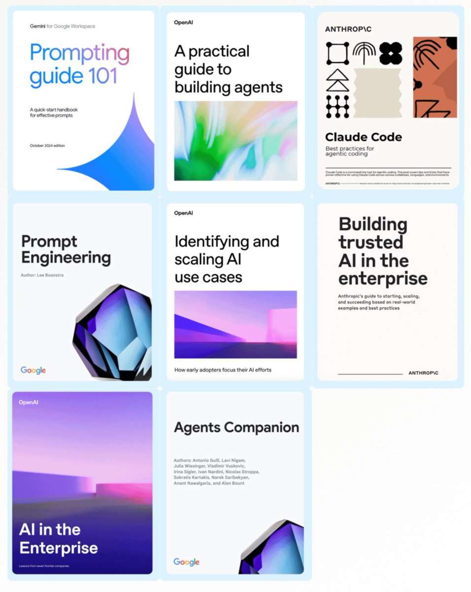damnn… OpenAI, Google &amp; Anthropic just dropped their internal AI playbooks for free

• how to build AI agents

• how to scale infra

• how to prompt better than 99% of devs

Save this.

Send it to someone just getting started.

Enjoy.
