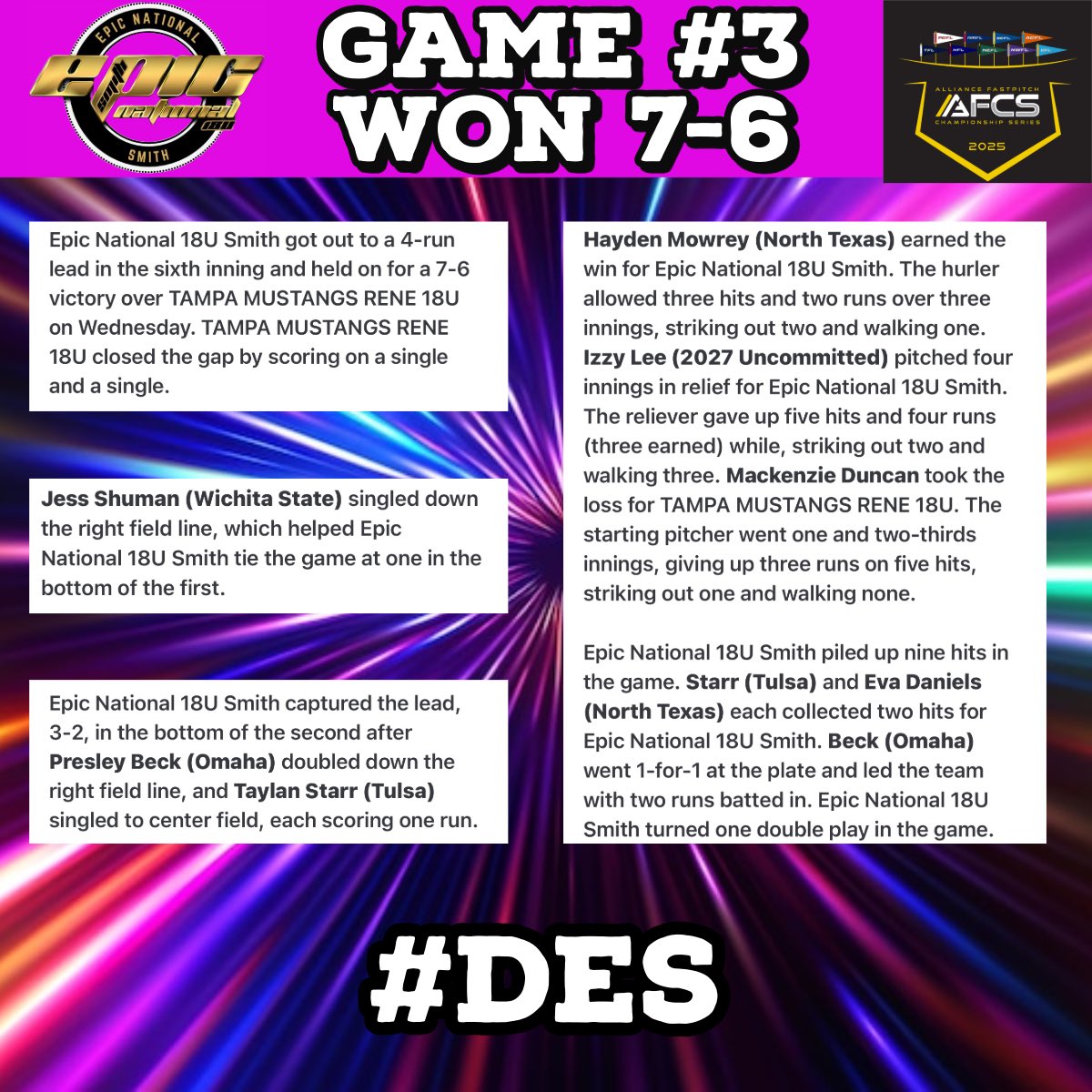 Got the Dub in Game 3.  Stay Focused and DES ladies! ♥️💛🖤

#BeEpic #EpicAthletics #Des