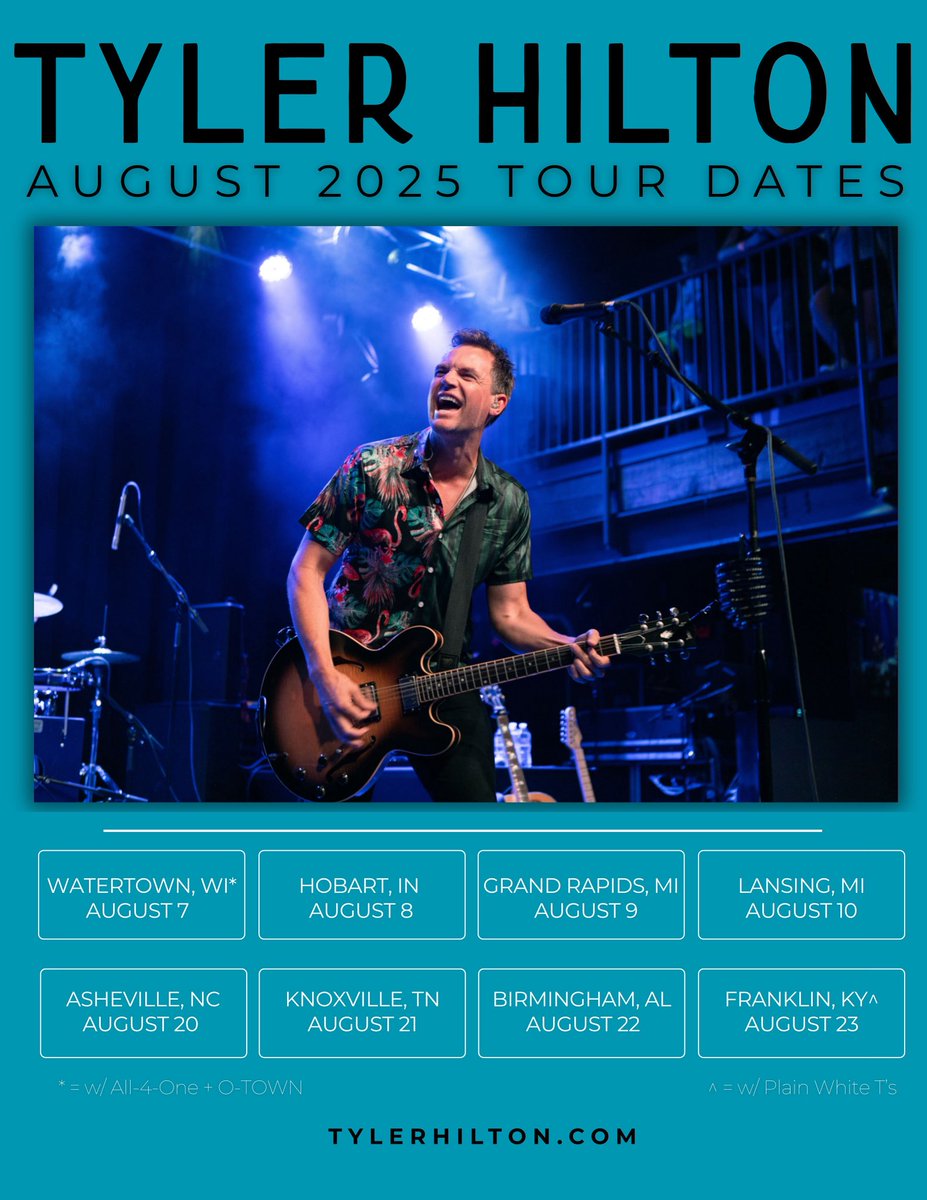 Come see the final solo headlining shows of the YEAR in August — plus some special dates with <a href="/All4OneMusic/">All4One</a>, <a href="/OTownOfficial/">O-Town</a> &amp; <a href="/plainwhitets/">Plain White T's</a>! Tix &amp; VIP at TylerHilton.com

📸: <a href="/sarahlmidkiff/">Sarah Midkiff</a>