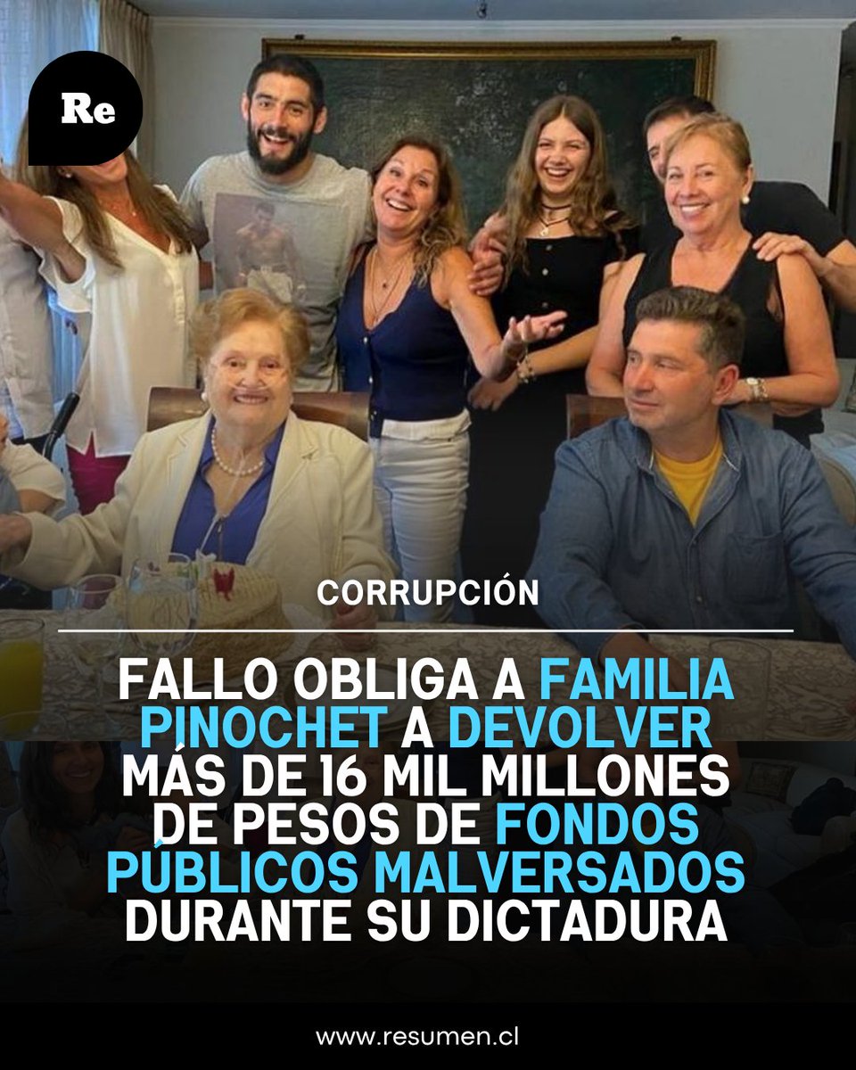 Instancia judicial acogió demanda presentada por el CDE por apropiación ilícita de gastos reservados de Presidencia, Casa Militar y el Ejército y ordena a familia y herederos del dictador Augusto Pinochet a devolver más de 16 mil millones de pesos al fisco tinyurl.com/ytsxcat