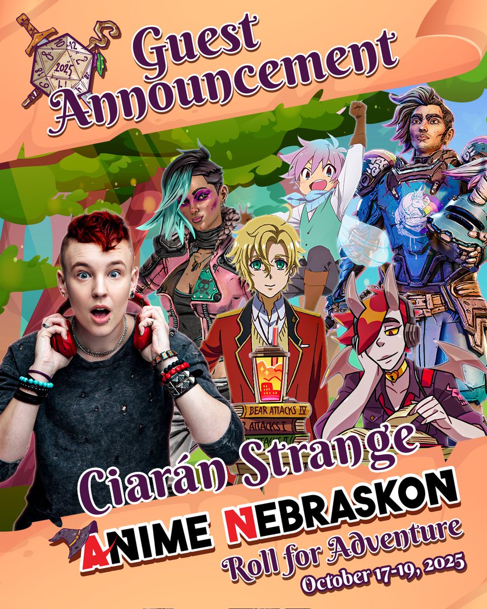 We’re thrilled to welcome Ciarán Strange as a guest at Anime NebrasKon! Known for voicing Lor in Borderlands 3, Paladin Mike in Tiny Tina’s Wonderlands, and roles in many anime, he’s also an award-winning transgender voice actor, sci-fi author, musician, &amp; mental health advocate.