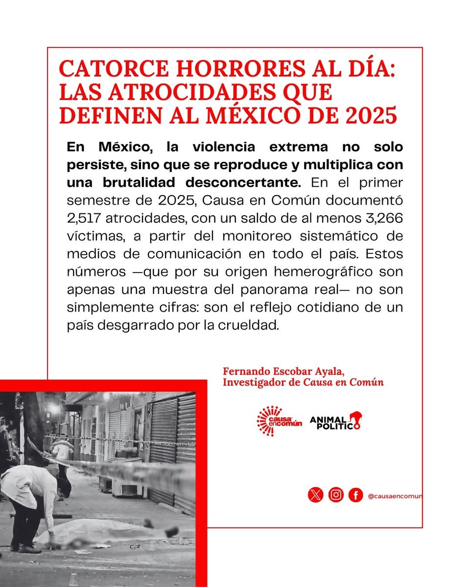 🔴 14 horrores al día que definen a México en 2025

Secuestros, tortura, asesinatos con crueldad extrema… No son escenas de ficción: son atrocidades que ocurren todos los días en el país.
En su nuevo artículo, nuestro investogador <a href="/ferchovzky/">Fernando Escobar.</a> analiza los patrones de violencia