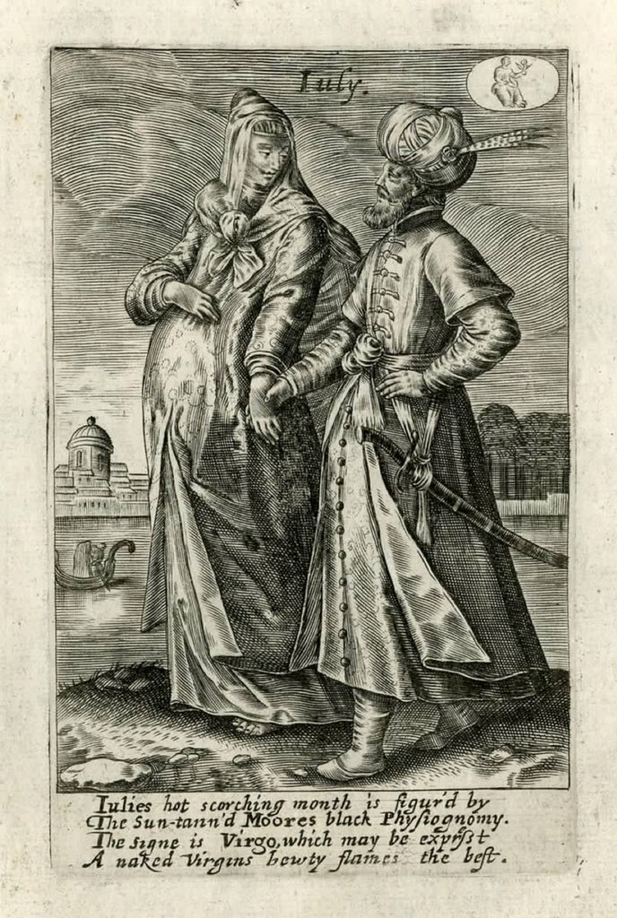 jdmccafferty's tweet image. The XII Mounthes of the Yeare in the Habits of Severall Nations: July London, 1621/23 Iulie's hot scorching month is figur'd by The sun-tann'd Moores black physiognomy The sign is Virgo which may be exprest A naked Virgins bewty flames the best (British Museum)