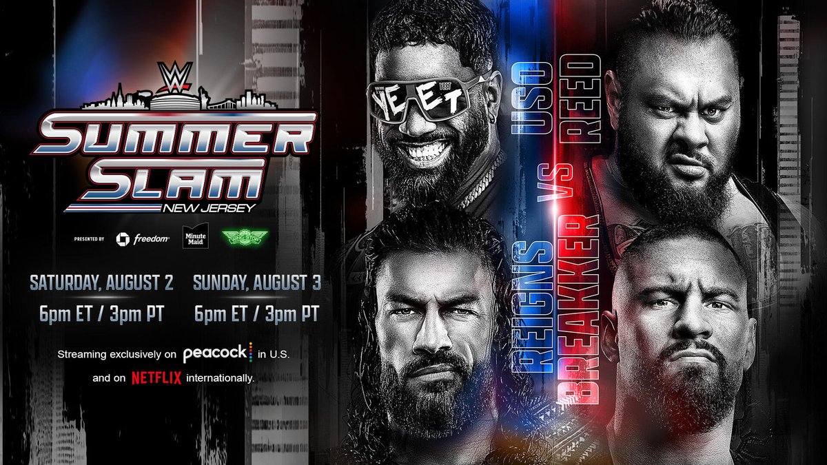 WrestleSeek's tweet image. How excited are you for this one at #SummerSlam ?
Roman Reigns & Jey Uso vs. Bron Breakker & Bronson Reed
