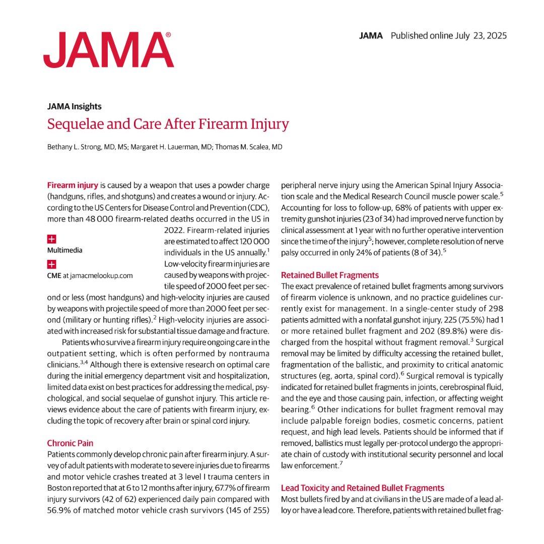 JAMA_current's tweet image. Firearm injury is caused by a weapon that uses a powder charge (handguns, rifles, and shotguns) and creates a wound or injury.
This JAMA Insights discusses evidence about the care of patients with firearm injury.
🔗 ja.ma/417mKn5