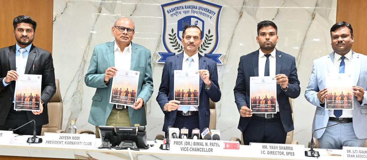 RakshaUni's tweet image. “We are entering a transformational phase at Rashtriya Raksha University,” remarked Vice Chancellor Prof. Patel during today’s media interaction. Key announcements included: RRU to host #WPFG2029, launch of India’s first Police Martial Music Band School, Olympic Research Grants…