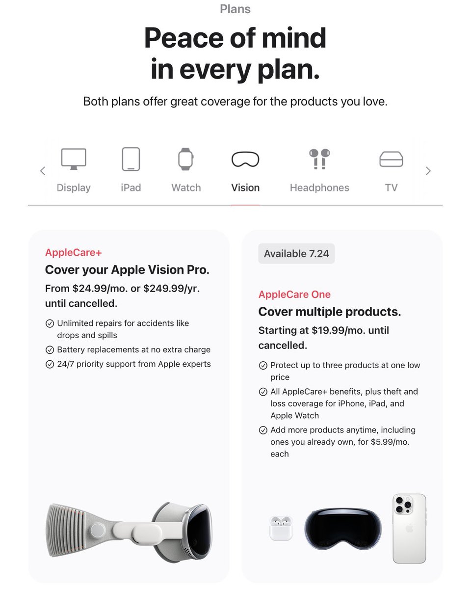 ikkou's tweet image. 新しく発表された Apple Care One さん、しっかり Apple Vision Pro も対象に含まれていて良さそう、しかも状態によって1年経過以降でも入れるっぽいのは嬉しい人もいるのではなかろうか、なおローンチ時点で日本は対象外😇
apple.com/newsroom/2025/…
