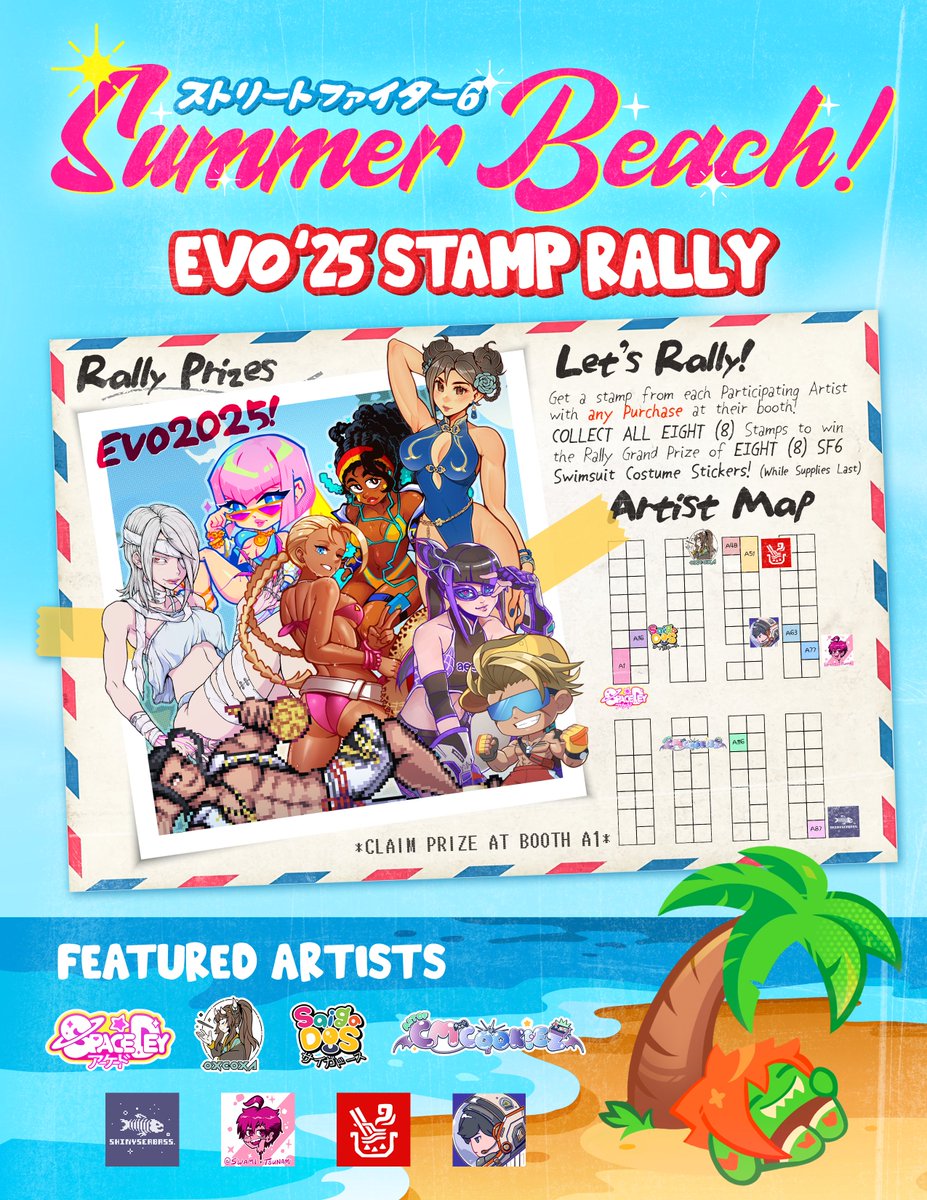 EVO is HERE and we are bringing you this heated SF6 Summer Rally🌴
 
w/ Sticker prize of Street Fighter 6 new Costume !

Come check out &amp; collect stamp from the 8 participating artists 🎨