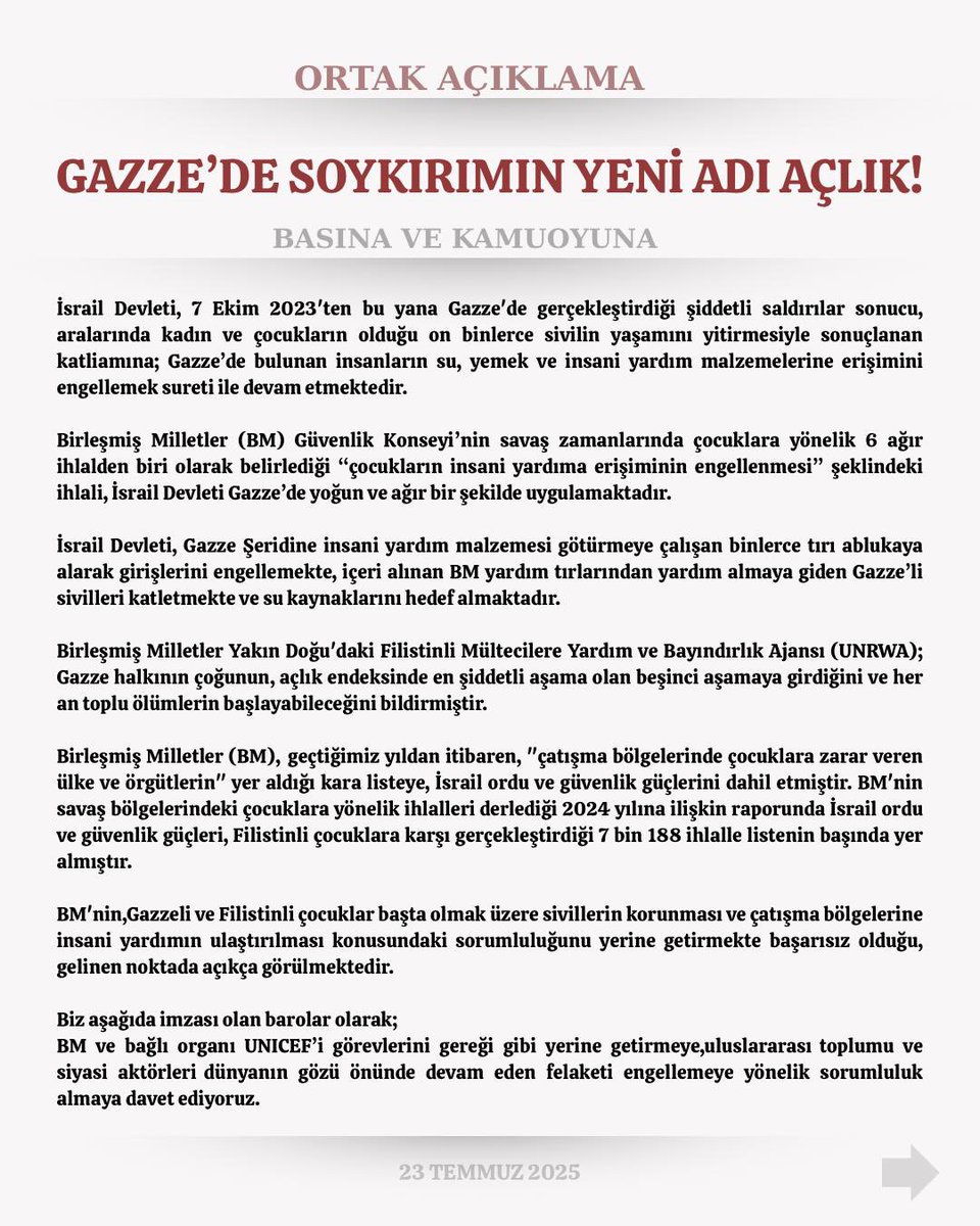 istbarosu's tweet image. ORTAK AÇIKLAMA
GAZZE'DE SOYKIRIMIN YENİ ADI AÇLIK!
BASINA VE KAMUOYUNA
İsrail Devleti, 7 Ekim 2023'ten bu yana Gazze'de gerçekleştirdiği şiddetli saldırılar sonucu, aralarında kadın ve çocukların olduğu on binlerce sivilin yaşamını yitirmesiyle sonuçlanan katliamına;…