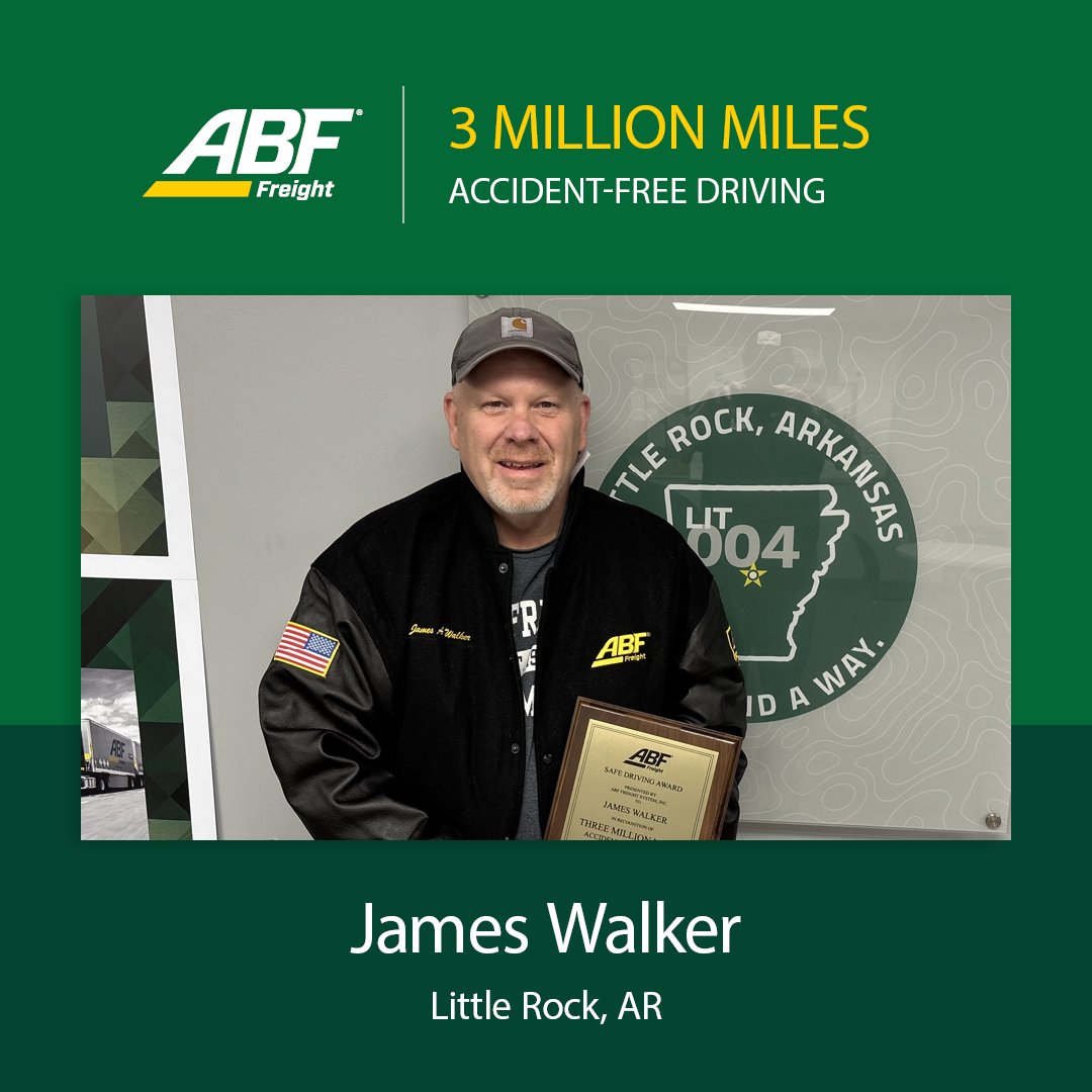 Congratulations to ABF Freight driver James Walker of Little Rock, AR, on achieving 3 MILLION MILES of accident-free driving. This extraordinary milestone reflects your unwavering commitment to safety and excellence.