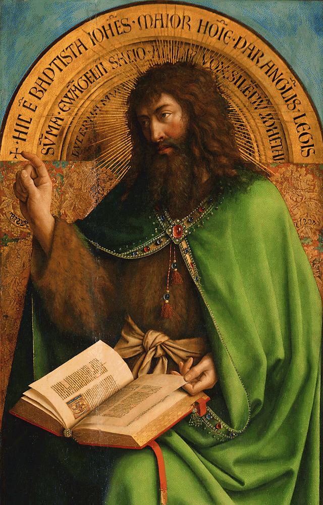 Shelli_BH's tweet image. John the Baptist, from the Ghent Altarpiece, 1432.
In artistic tradition, he has long shaggy hair and points to Christ. He wears his camel-skin garment under a brilliant emerald green cape.
The inscription above him says:
"This is John the Baptist greater than men, like unto the…