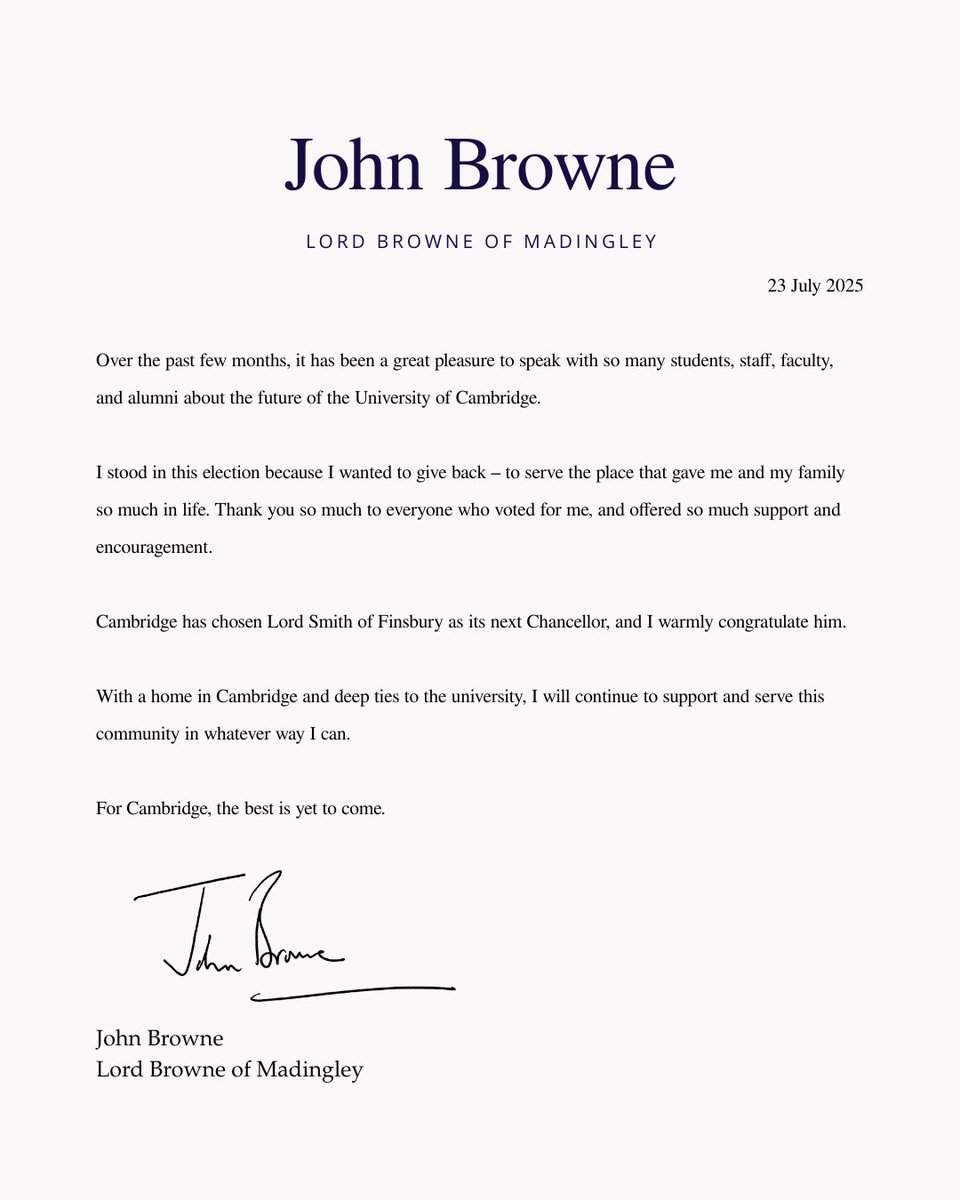 LordJohnBrowne's tweet image. It has been a great pleasure to stand in this election for the University of Cambridge. I remain committed to supporting Cambridge – its people and its future.