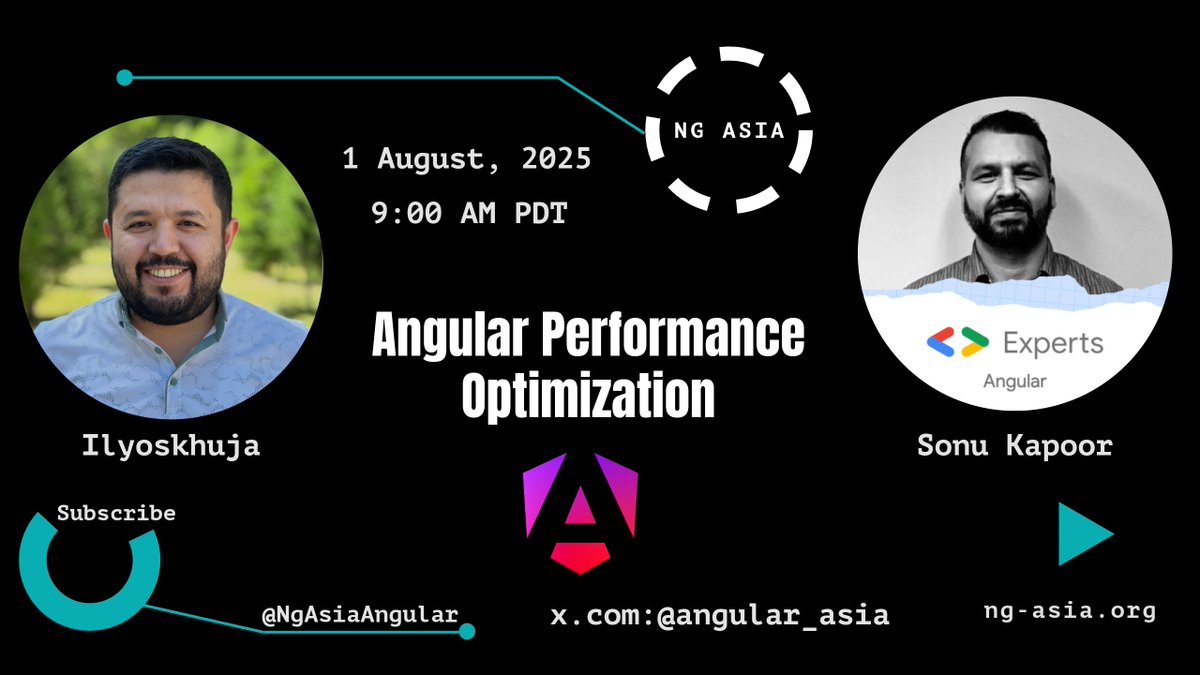 Ng Asia (@angular_asia) on Twitter photo 🚨 Angular devs! Join us Aug 1 @ 9AM PDT for an exclusive NG Asia livestream on Angular Performance Optimization 🚀
🎙 Speaker: <a href="/SonuKapoor1978/">Sonu Kapoor</a>
(Microsoft MVP | Angular GDE | Intl Speaker)
📺 Live on YouTube!
👉 youtube.com/@NgAsiaAngular
#Angular #NGAsia #WebDev #AngularCommunity 🚨 Angular devs! Join us Aug 1 @ 9AM PDT for an exclusive NG Asia livestream on Angular Performance Optimization 🚀
🎙 Speaker: <a href="/SonuKapoor1978/">Sonu Kapoor</a>
(Microsoft MVP | Angular GDE | Intl Speaker)
📺 Live on YouTube!
👉 youtube.com/@NgAsiaAngular
#Angular #NGAsia #WebDev #AngularCommunity