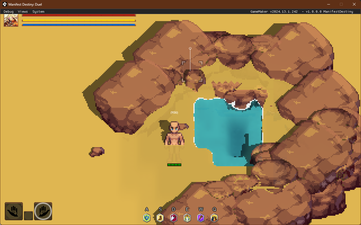 ss1shadow's tweet image. 🏜️ Stress test success!
Still a few quirks, but everything 𝘧𝘦𝘭𝘵 good.
✅ New HUD elements survived
✅ Skill bar & UI hotkeys mapped
✅ Player now properly sinks waist-deep into desert sand 😆
One step closer to real terrain traversal!
#gamedev #pixelart #indiedev