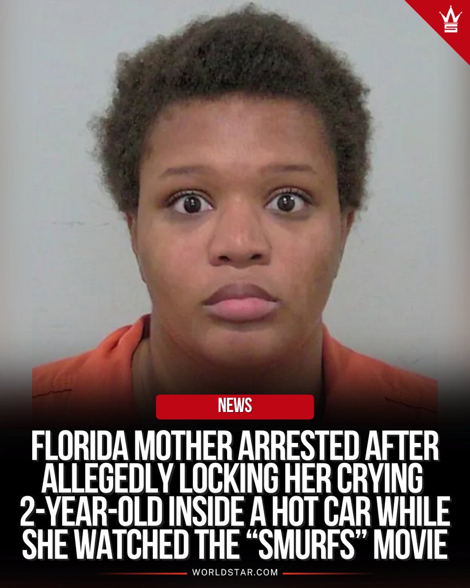 WORLDSTAR's tweet image. An 18-year-old Florida mother has been arrested after allegedly locking her crying child inside a hot car while she watched a Smurfs movie with her siblings, according to police.
Authorities say the child was found drenched in sweat and visibly distressed outside a Regal Cinema…