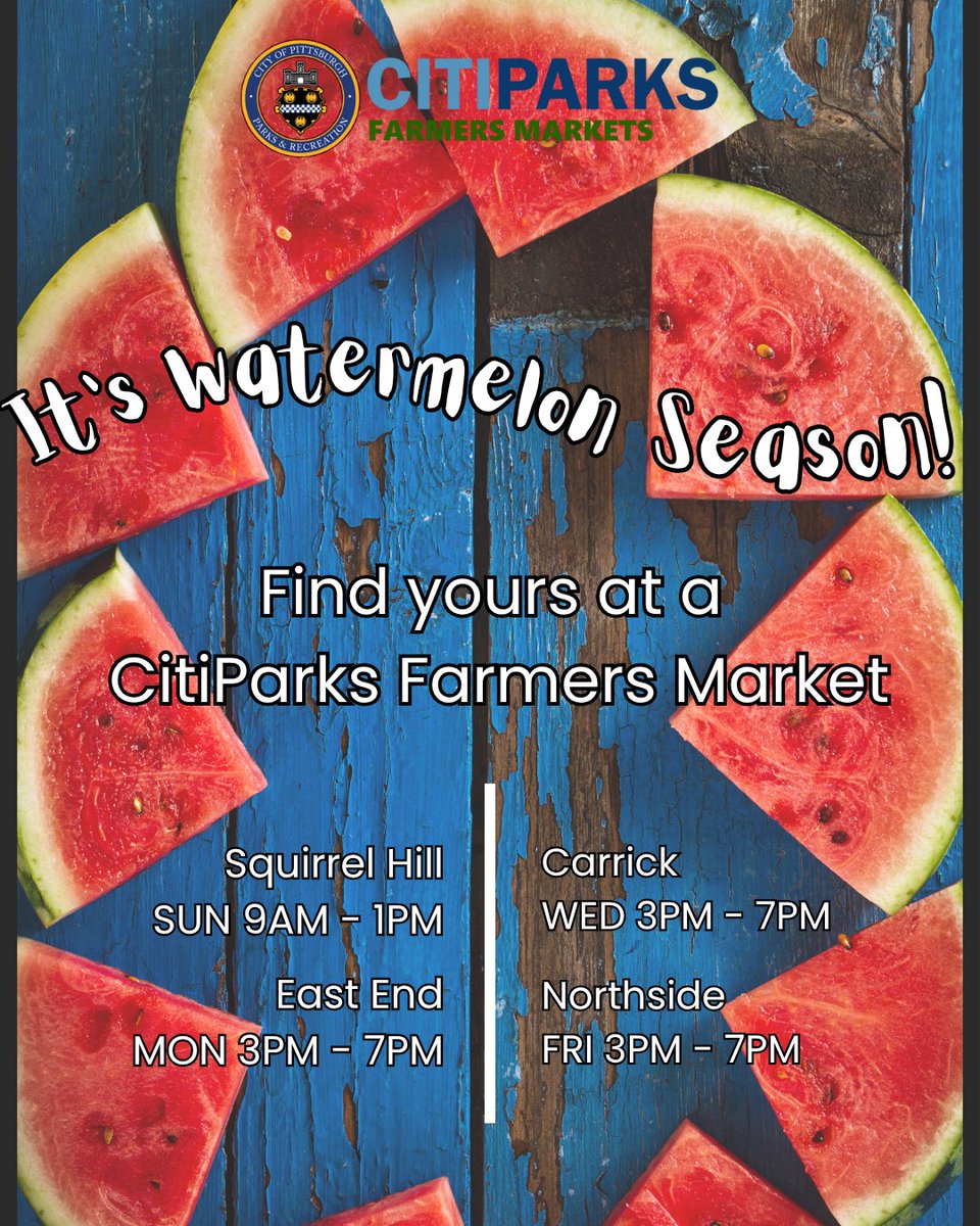 CitiParks's tweet image. It's Watermelon Season! So, find yours at a CitiParks Farmers Market!🍉
@MayorEdGainey @Pittsburgh
#WatermelonSeason #ShopLocal #FarmersMarket #FreshProduce