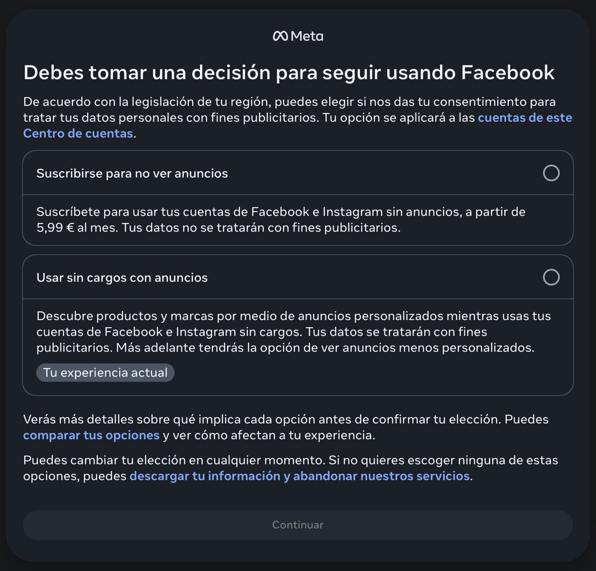 "De acuerdo con la legislación de tu región, puedes elegir si nos das tu consentimiento para tratar tus datos personales con fines publicitarios..." ... o te puedes suscribir por unos módicos 6€ al mes para que no usemos tus datos. Gracias por tanto UE. 🤦🏻‍♂️