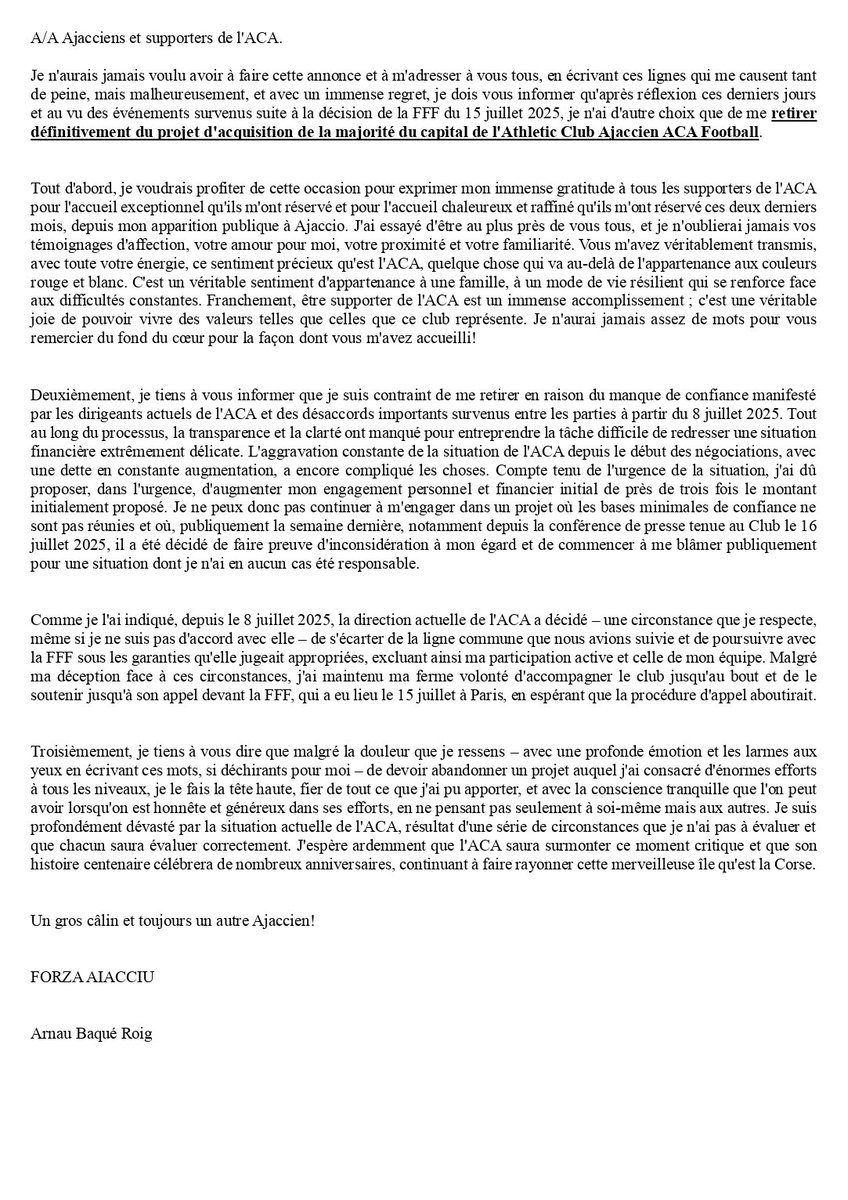 Arnau Baqué (@arnaubr83) on Twitter photo Cari amichi di l'ACA, vi purteraghju sempre in u mo core.
Chers amis de l'ACA, je vous porterai toujours dans mon cœur.
Plus que jamais, FORZA AIACCIU. Toujours éternelle. Elle survivra à toutes les adversités. <a href="/ACAjaccio/">AC Ajaccio</a> #Ajaccio 😘🔴⚪️ Cari amichi di l'ACA, vi purteraghju sempre in u mo core.
Chers amis de l'ACA, je vous porterai toujours dans mon cœur.
Plus que jamais, FORZA AIACCIU. Toujours éternelle. Elle survivra à toutes les adversités. <a href="/ACAjaccio/">AC Ajaccio</a> #Ajaccio 😘🔴⚪️