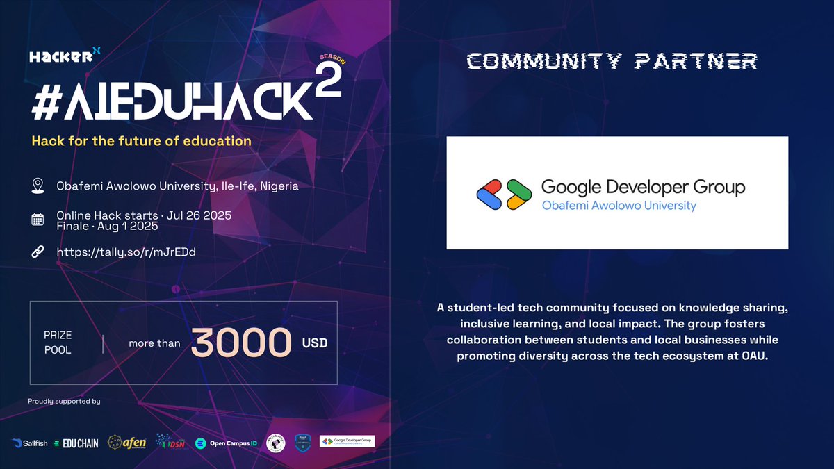hackerxafrica's tweet image. HackerX 🤝 @GDGOAU 

Proud to collaborate with Google Developer Group OAU, a student-led community driving tech learning and local developer impact on campus.

See them at AI EduHack 2025.

#AIEduHack #hackathon