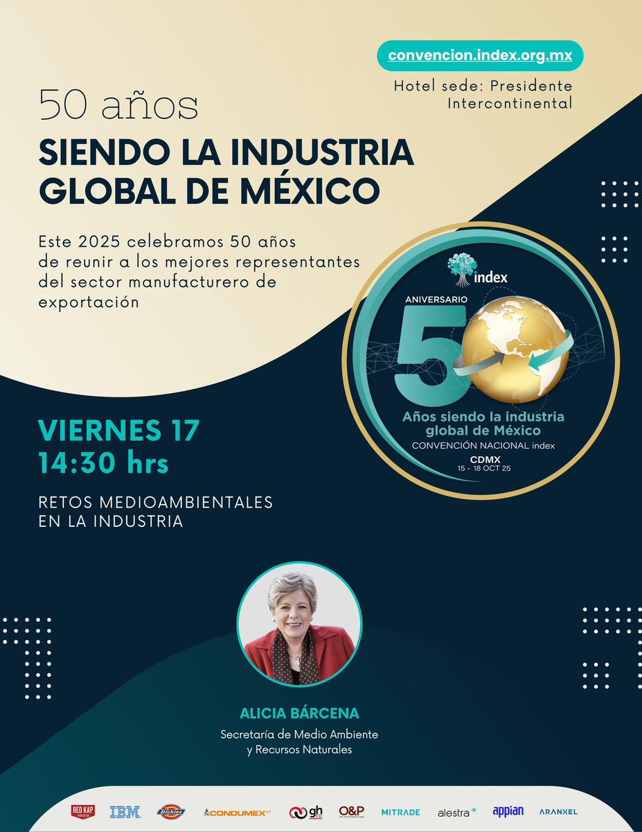 index Nacional (@index_nacional) on Twitter photo La Secretaria de Medio Ambiente, <a href="/aliciabarcena/">Alicia Bárcena</a> nos acompañará en la Convención Nacional index 2025.
Regístrate y forma parte de este gran evento: app.podiumeeting.com/es/registro/co… La Secretaria de Medio Ambiente, <a href="/aliciabarcena/">Alicia Bárcena</a> nos acompañará en la Convención Nacional index 2025.
Regístrate y forma parte de este gran evento: app.podiumeeting.com/es/registro/co…