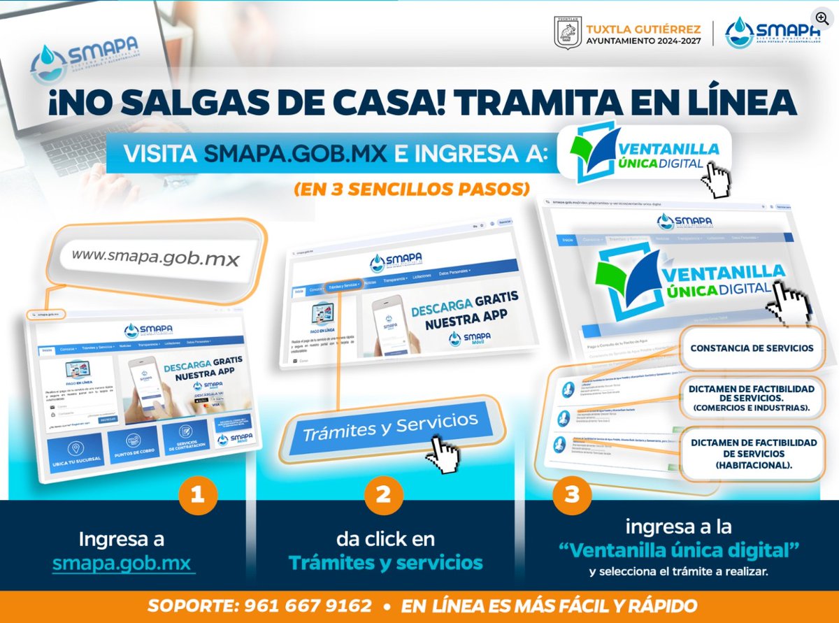 #Infografía
Con Ventanilla Única Digital, puedes realizar en línea, los siguientes trámites: 
✅ Constancia de servicios.
✅ Dictamen de factibilidad de servicios (Comercios e industrias).
✅ Dictamen de factibilidad de servicios (Habitacional).
Visita: smapa.gob.mx /
