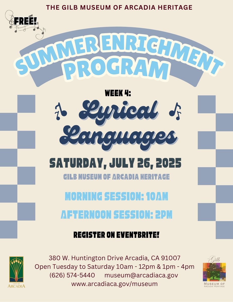 GilbMuseum's tweet photo. It's our last class of our summer enrichment series! 🌞🎉 We end on a high note with Lyrical Languages, exploring the power of words, music, and culture. We hope to see you there! Sign-up on eventbrite, link in bio! 💬🎨 #SummerEnrichment #LyricalLanguages #GilbMuseum https://t.co/pKSh5eX9ps