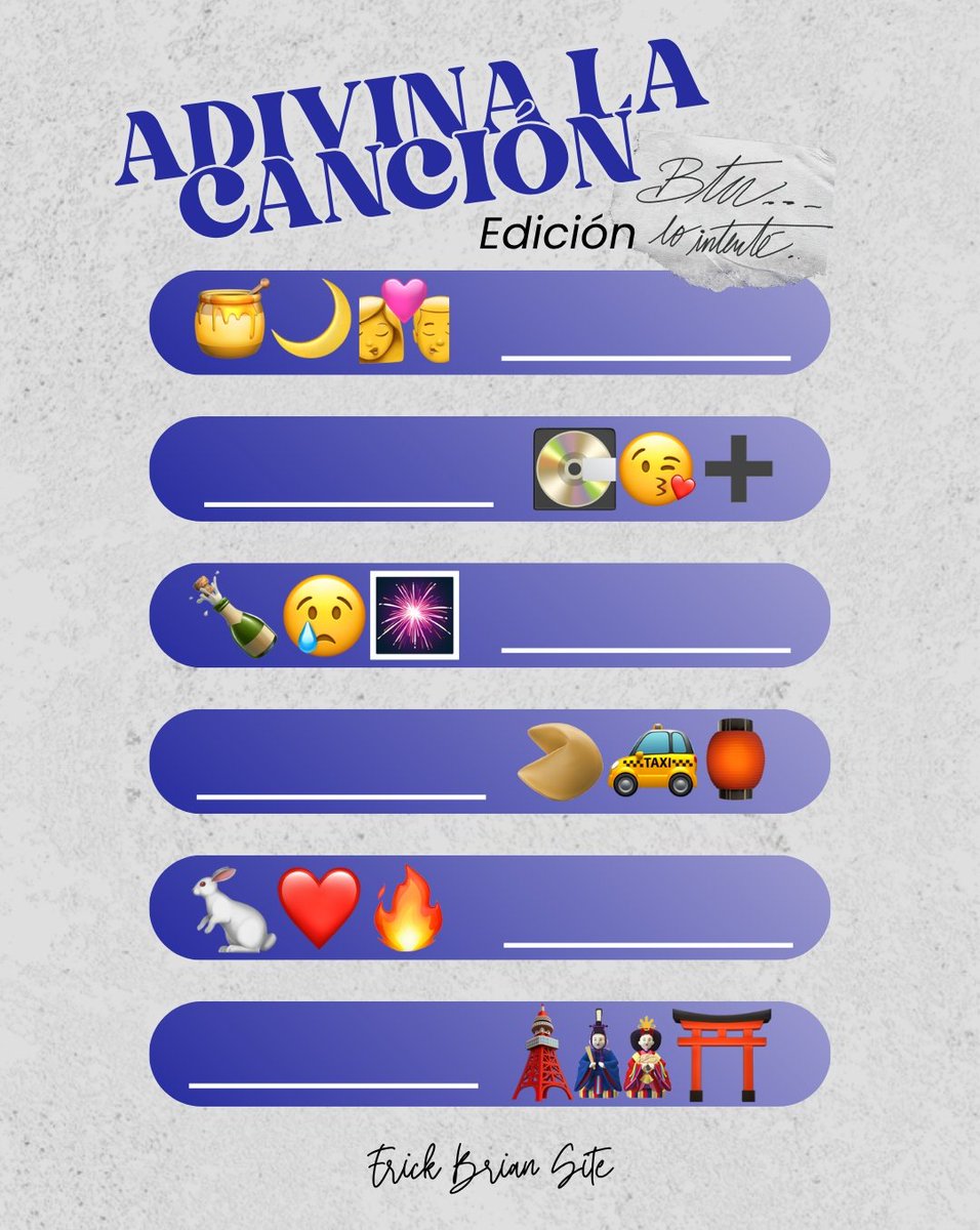 erickbriansite's tweet image. ¿Puedes adivinar cada canción de BTW... Lo Intente con solo ver los emojis? 🤔💙

Comenta tus respuestas aquí abajo, no olvides usar tambien nuestra plantilla en instagram y arrobarnos @/erickbriansite_.

#ErickBrian