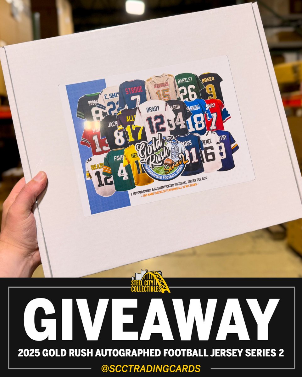 Steel City Collectibles (@scctradingcards) on Twitter photo ๐จ NSCC GIVEAWAY ๐จ
RETWEET, LIKE, & FOLLOW <a href="/SCCTradingCards/">Steel City Collectibles | NSCC #345</a> for your chance to win this 2025 Gold Rush Autographed Football Jersey Series 2 Box from Steel City Collectibles!
Also enter on our Facebook and Instagram to increase your chances of winning!
#NSCC #NSCC25 <a href="/nsccshow/">The National Sports Collectors Convention Inc.</a> ๐จ NSCC GIVEAWAY ๐จ
RETWEET, LIKE, & FOLLOW <a href="/SCCTradingCards/">Steel City Collectibles | NSCC #345</a> for your chance to win this 2025 Gold Rush Autographed Football Jersey Series 2 Box from Steel City Collectibles!
Also enter on our Facebook and Instagram to increase your chances of winning!
#NSCC #NSCC25 <a href="/nsccshow/">The National Sports Collectors Convention Inc.</a>