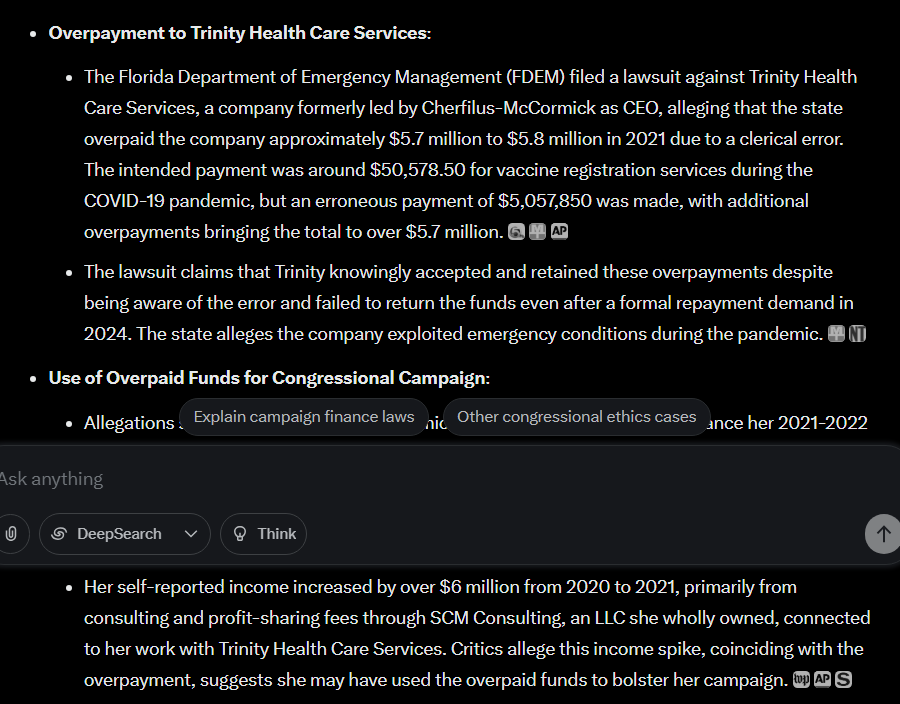 <a href="/georgesantos/"></a> So this Congress woman said she maid a 'clerical error' by 'overpaying' $5million to Trinity Health while CEO in 2020-2021 for covid/pandemic services. 
*She then loaned over $6M to her own campaign from Trinity Health
*At the same time her net worth went up $5-6M
This What's