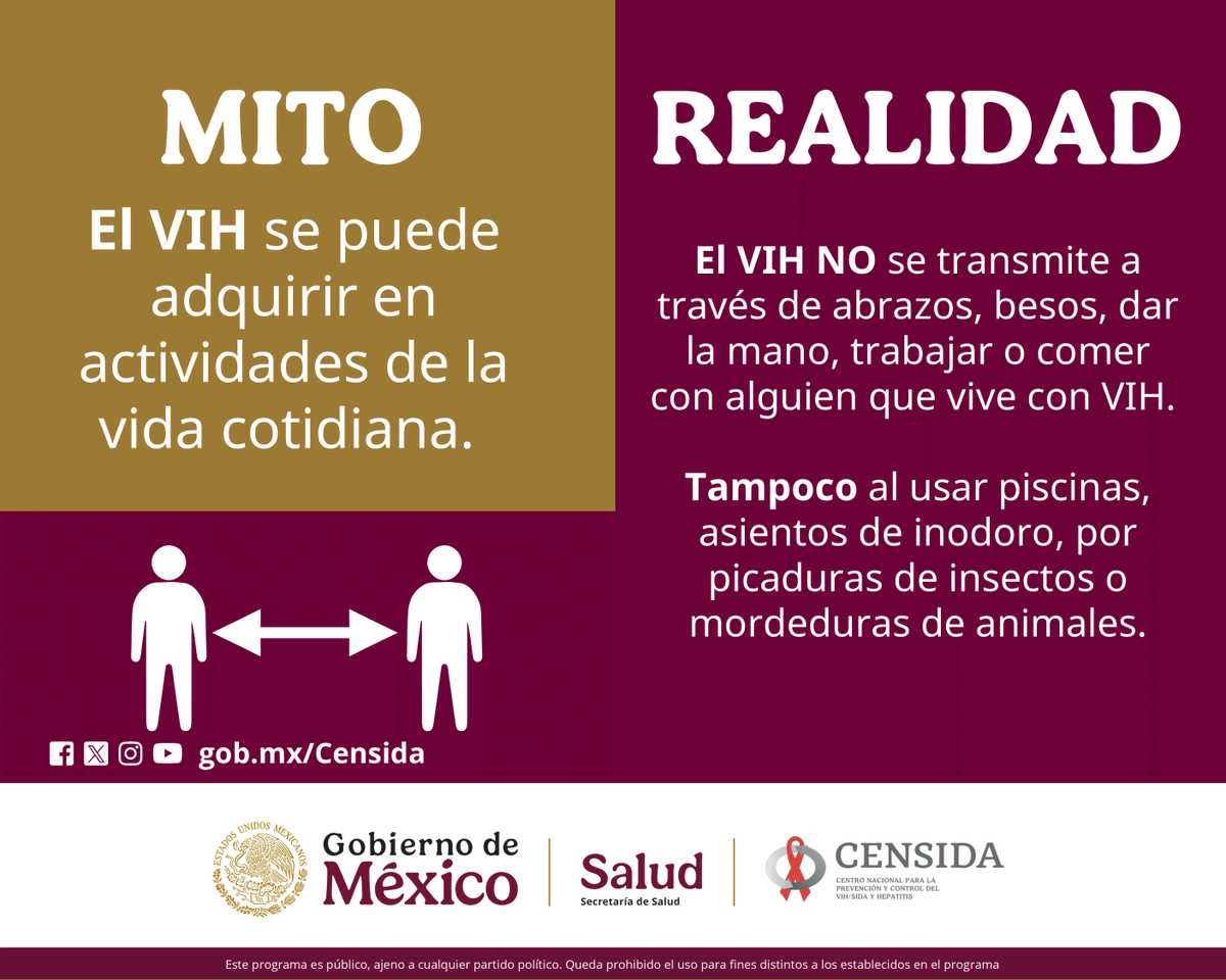 Censida (@censida) on Twitter photo ¿Sabías que el #VIH no se transmite por abrazos, besos o compartir cubiertos? Infórmate, rompe mitos y ayuda a eliminar el estigma. La educación es prevención. #VIH #Prevención #SaludSexual
Contáctanos para informarte: 5519469772, censida@salud.gob.mx ¿Sabías que el #VIH no se transmite por abrazos, besos o compartir cubiertos? Infórmate, rompe mitos y ayuda a eliminar el estigma. La educación es prevención. #VIH #Prevención #SaludSexual
Contáctanos para informarte: 5519469772, censida@salud.gob.mx