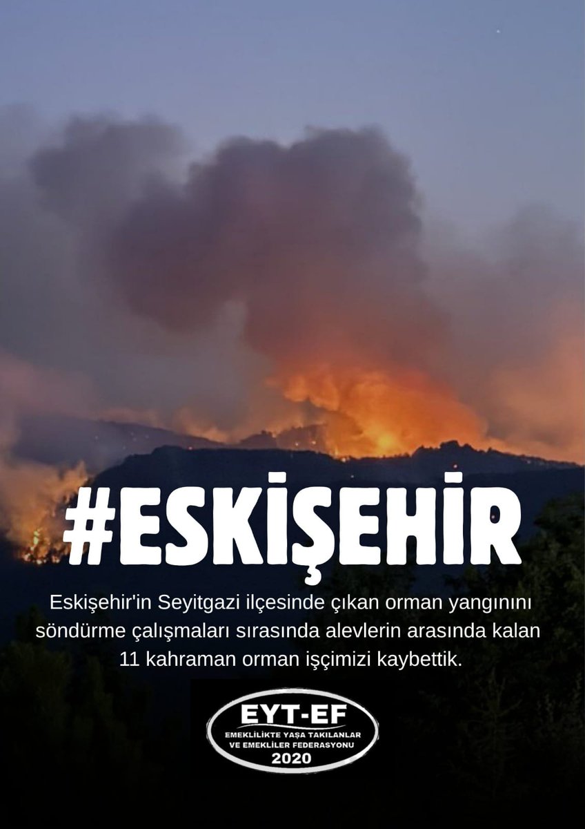 Aziz Milletimizin Başı Sağolsun 🇹🇷

#Eskişehir 'in Seyitgazi ilçesinde çıkan orman yangınını söndürme çalışmaları sırasında,

Alevlerin arasında kalarak şehit olan 11 orman işçimize Allah’tan Rahmet,

Kederli Ailelerine ve Milletimize baş sağlığı dileriz.

#ormanyangını