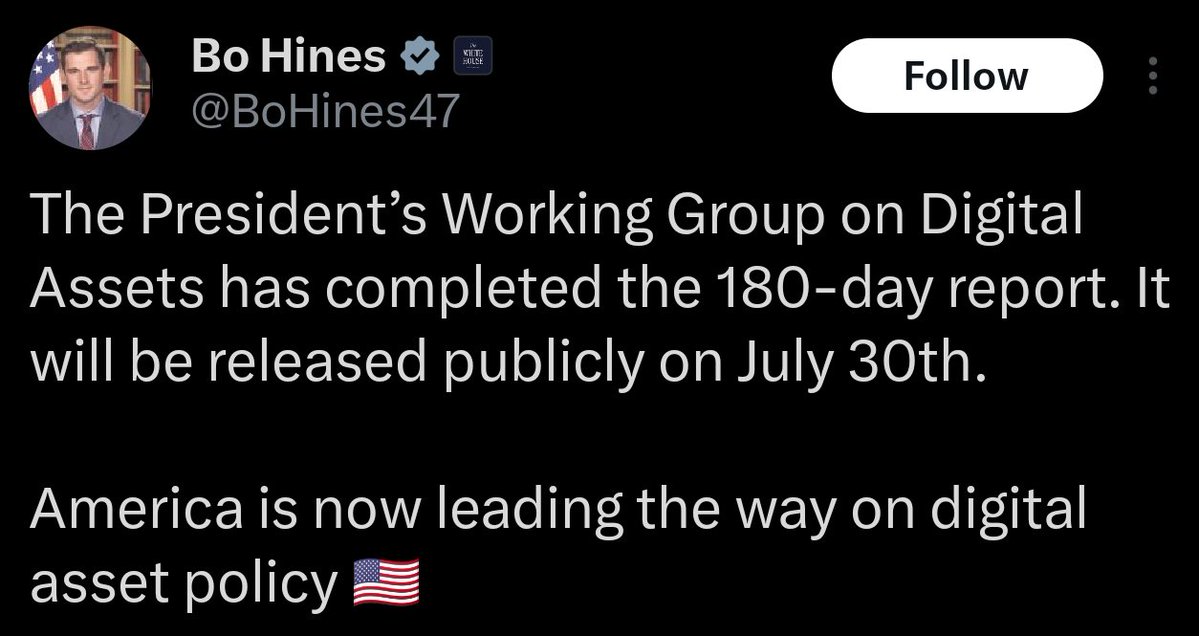 CryptooIndia's tweet image. JUST IN: 🇺🇸 Trump's crypto council head Bo Hines confirms the crypto policy report will be released on July 30.