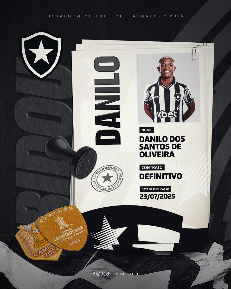 Botafogo's tweet image. 𝐁𝐈𝐃𝐎𝐔, 𝐇𝐄𝐈𝐍! 🔥💪🏾
Danilo está regularizado para fazer a estreia com a #GloriosaCamisa! 🖤🤍 #VamosBOTAFOGO